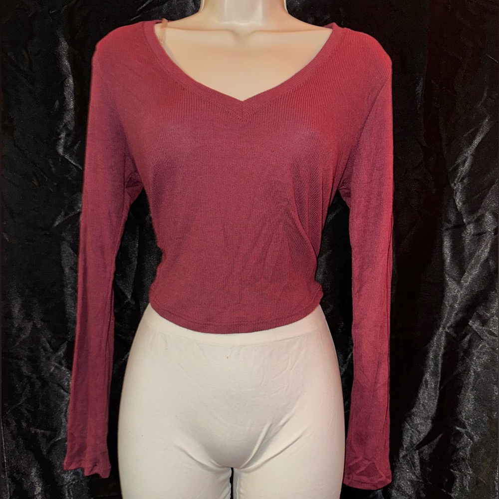 Burgundy Long Sleeve Crop Top